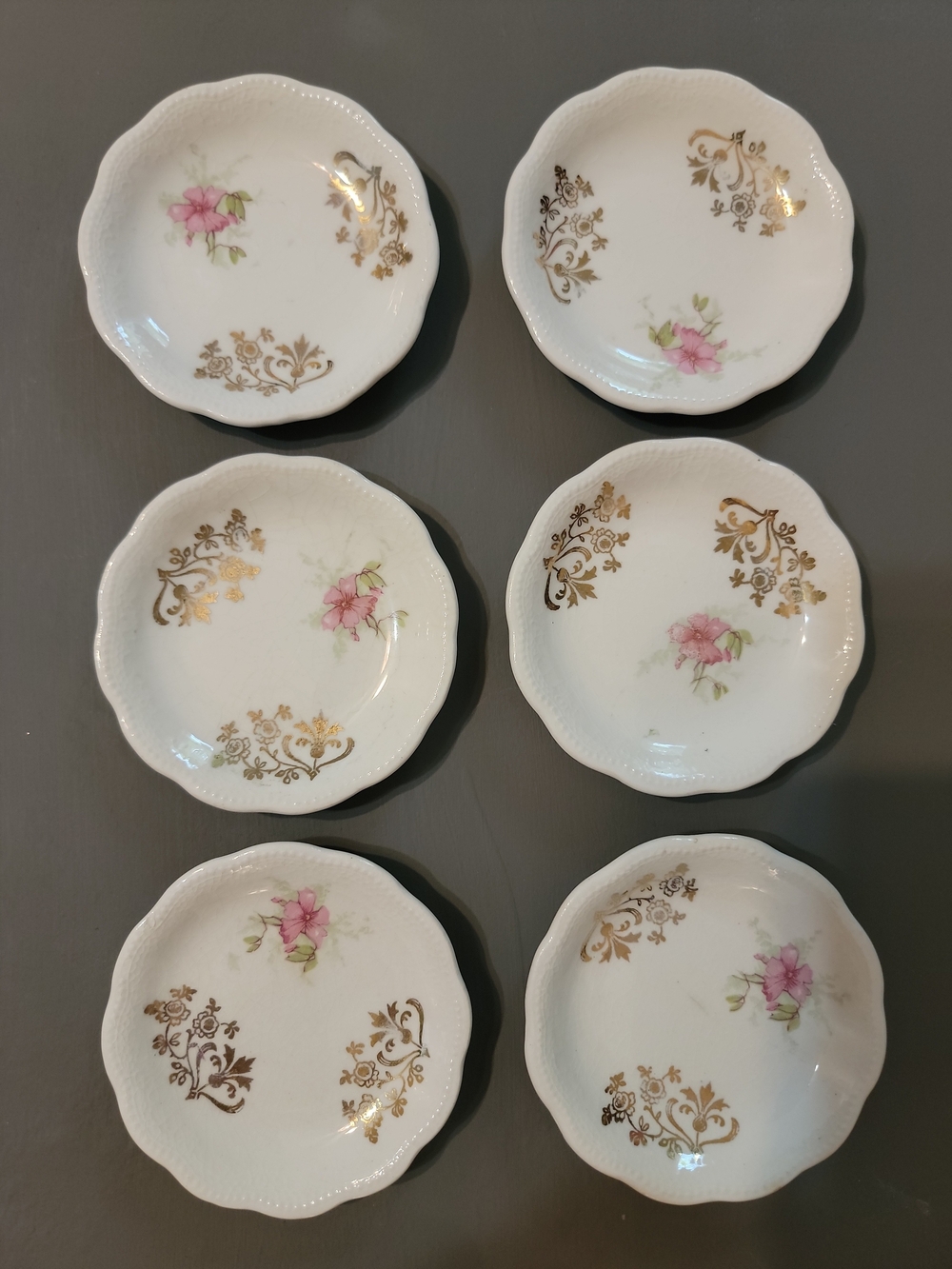 Antique Late Victorian Floral  Butter Pats Vintage Pink and Gold (Set of 6)